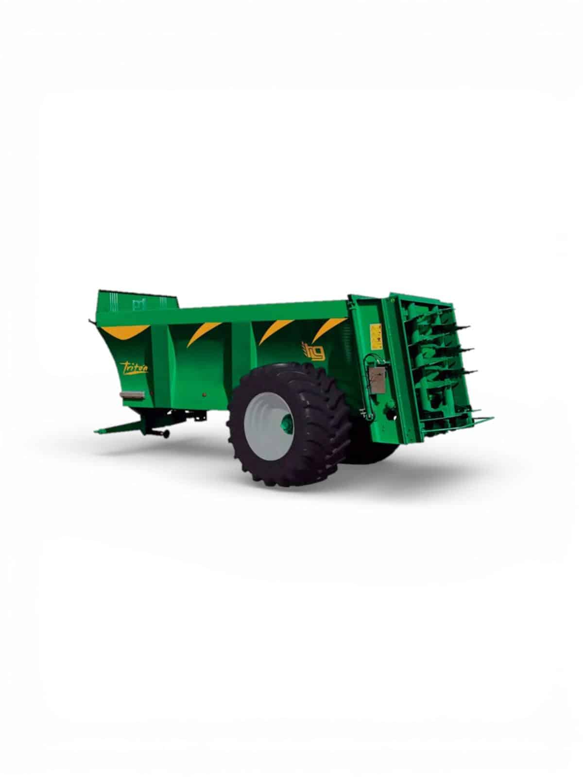 Carro agrícola verde con neumáticos grandes y mecanismo de siembra, ideal para trabajos agrícolas intensivos.